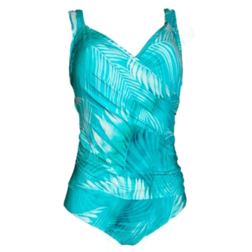 Jantzen One Piece Swimsuit 28W Ruched Tummy Control Slimming Teal Tropical New